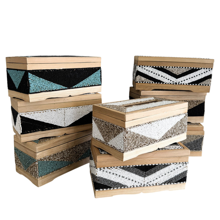 Coastal Luxe Beaded Tissue Box | Aqua & Natural