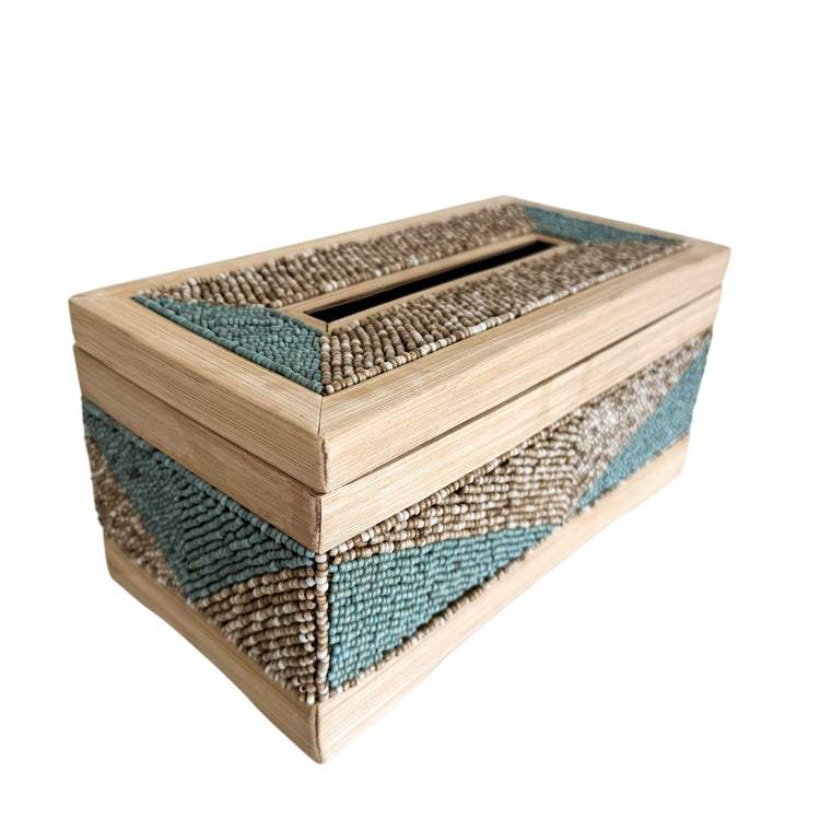 Coastal Luxe Beaded Tissue Box | Aqua & Natural