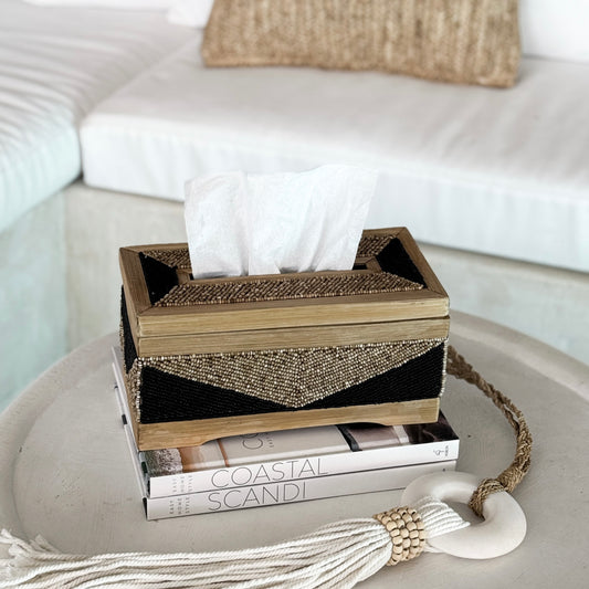 Coastal Luxe Beaded Tissue Box | Natural & Black