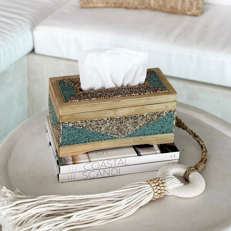 Coastal Luxe Beaded Tissue Box | Aqua & Natural