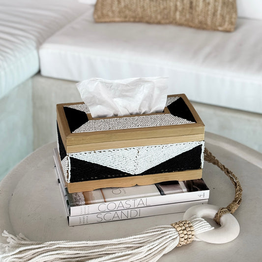 Coastal Luxe Beaded Tissue Box | White & Black