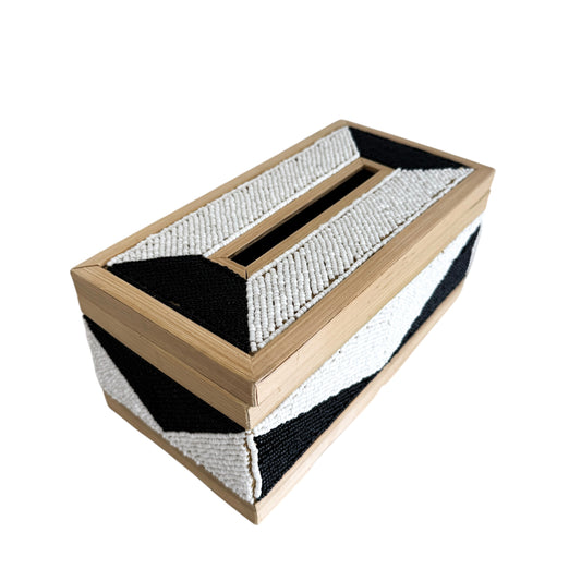 Coastal Luxe Beaded Tissue Box | White & Black