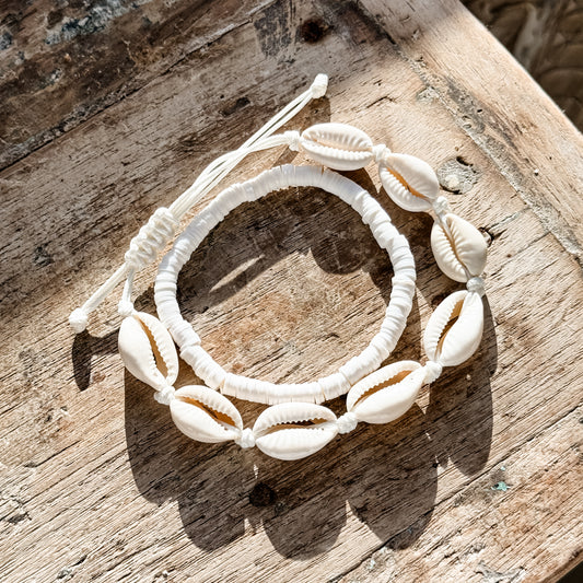 Cowrie & White Anklet/Bracelet Set | Willow & the Waves Collection