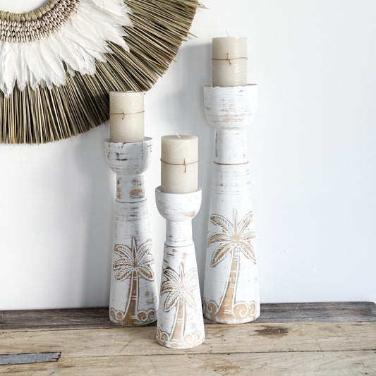 Coastal Palm Candle Holders | White | Set of 3