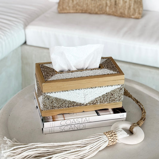 Coastal Luxe Beaded Tissue Box | White & Natural