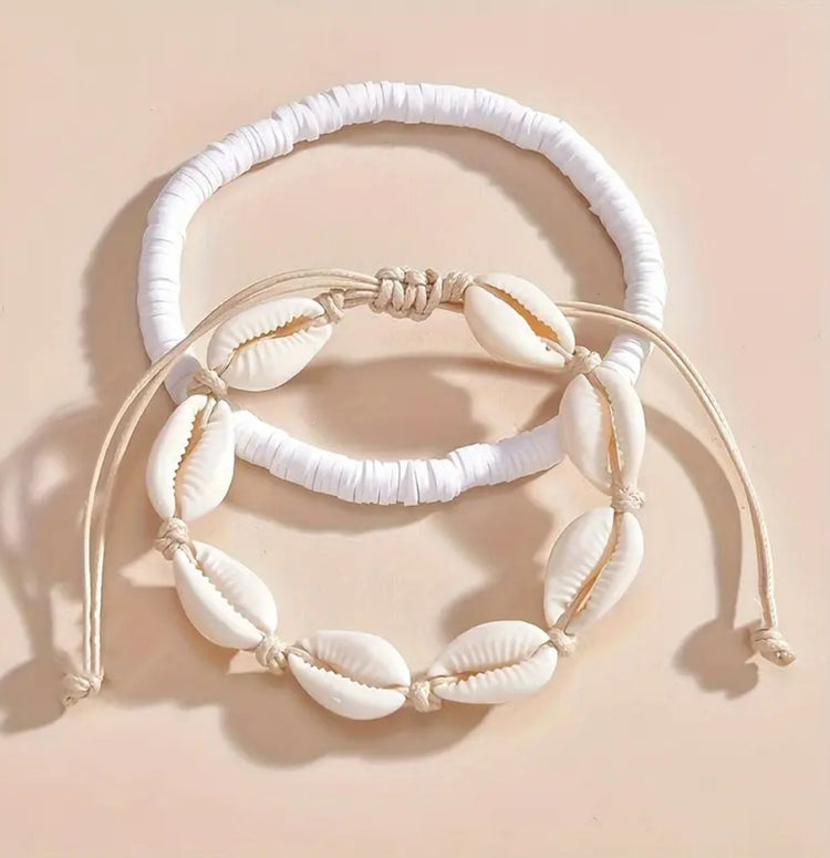 Cowrie & White Anklet/Bracelet Set | Willow & the Waves Collection