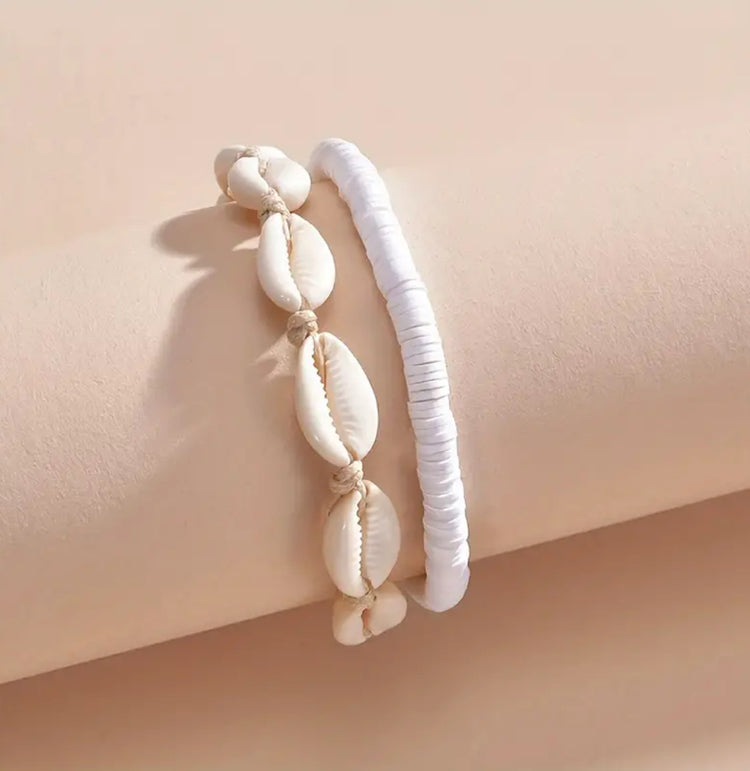 Cowrie & White Anklet/Bracelet Set | Willow & the Waves Collection