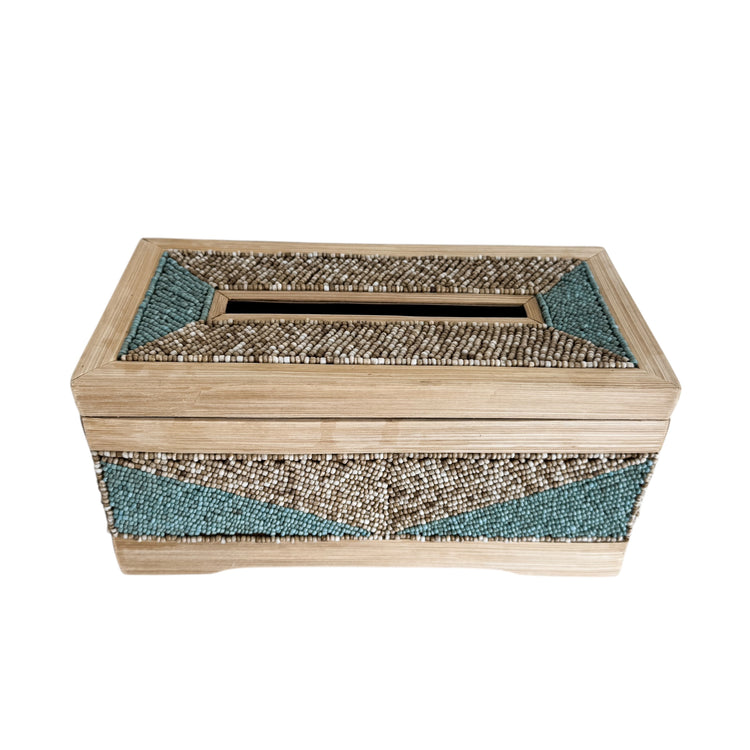 Coastal Luxe Beaded Tissue Box | Aqua & Natural