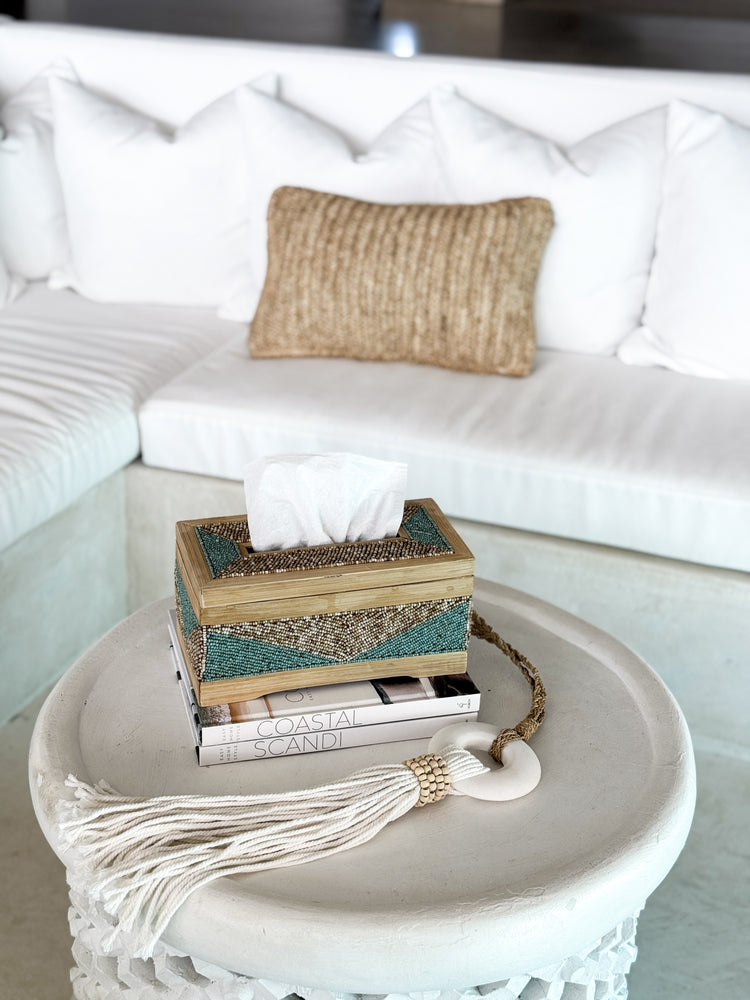 Coastal Luxe Beaded Tissue Box | Aqua & Natural