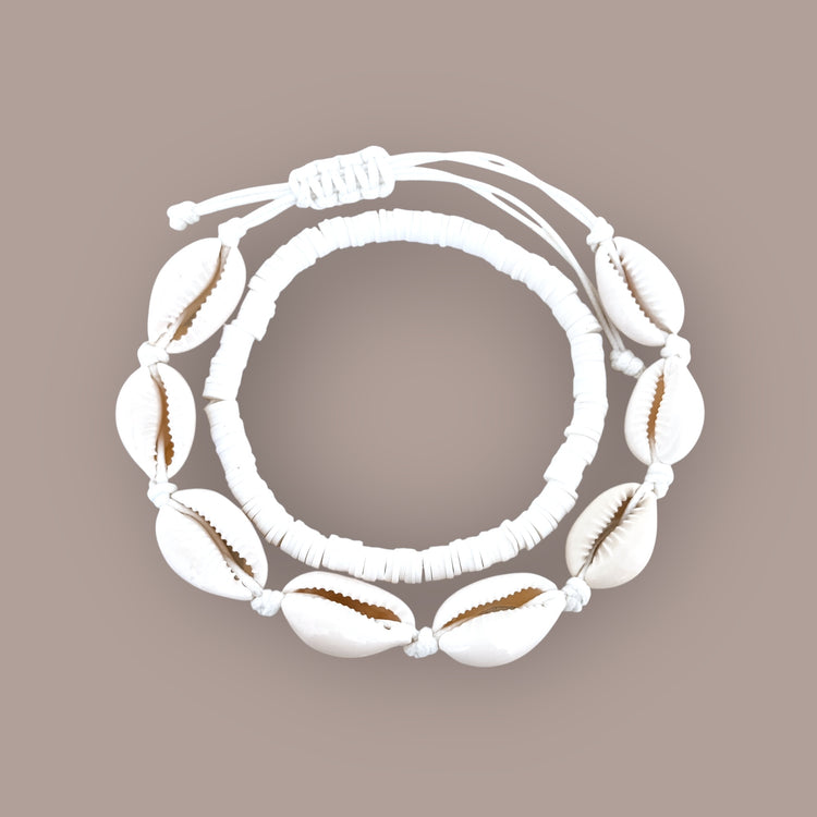 Cowrie & White Anklet/Bracelet Set | Willow & the Waves Collection