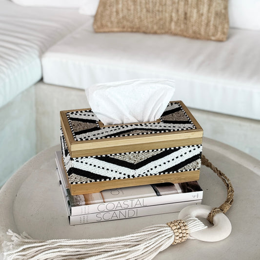 Coastal Luxe Beaded Tissue Box | White, Natural & Black