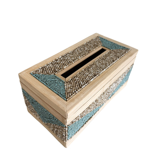 Coastal Luxe Beaded Tissue Box | Aqua & Natural