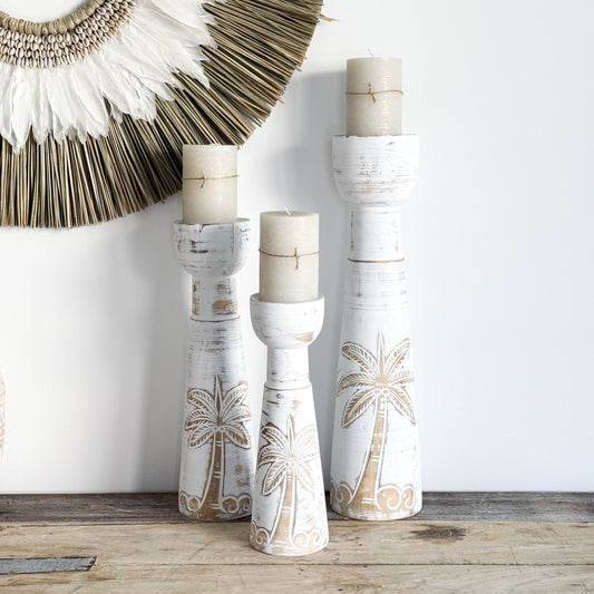 Coastal Palm Candle Holders | White | Set of 3