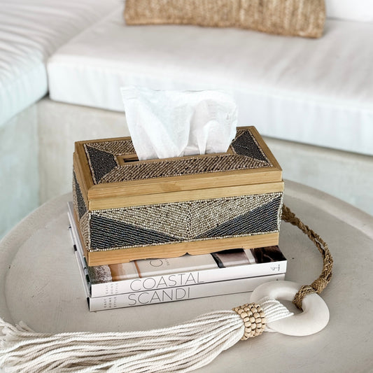 Coastal Luxe Beaded Tissue Box | Natural & Silver